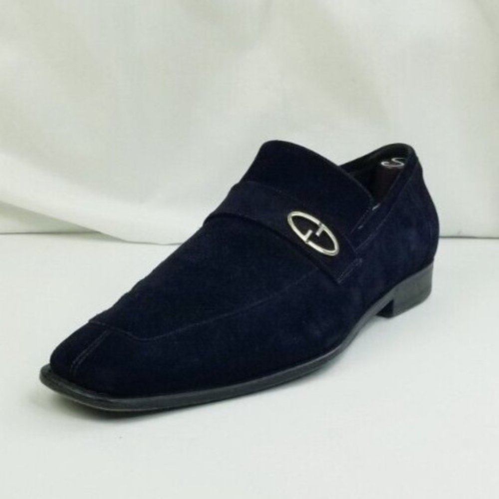 Gucci 7.5D Men s Black Suede Leather Slip On Metal Logo Strap Square Toe Loafers